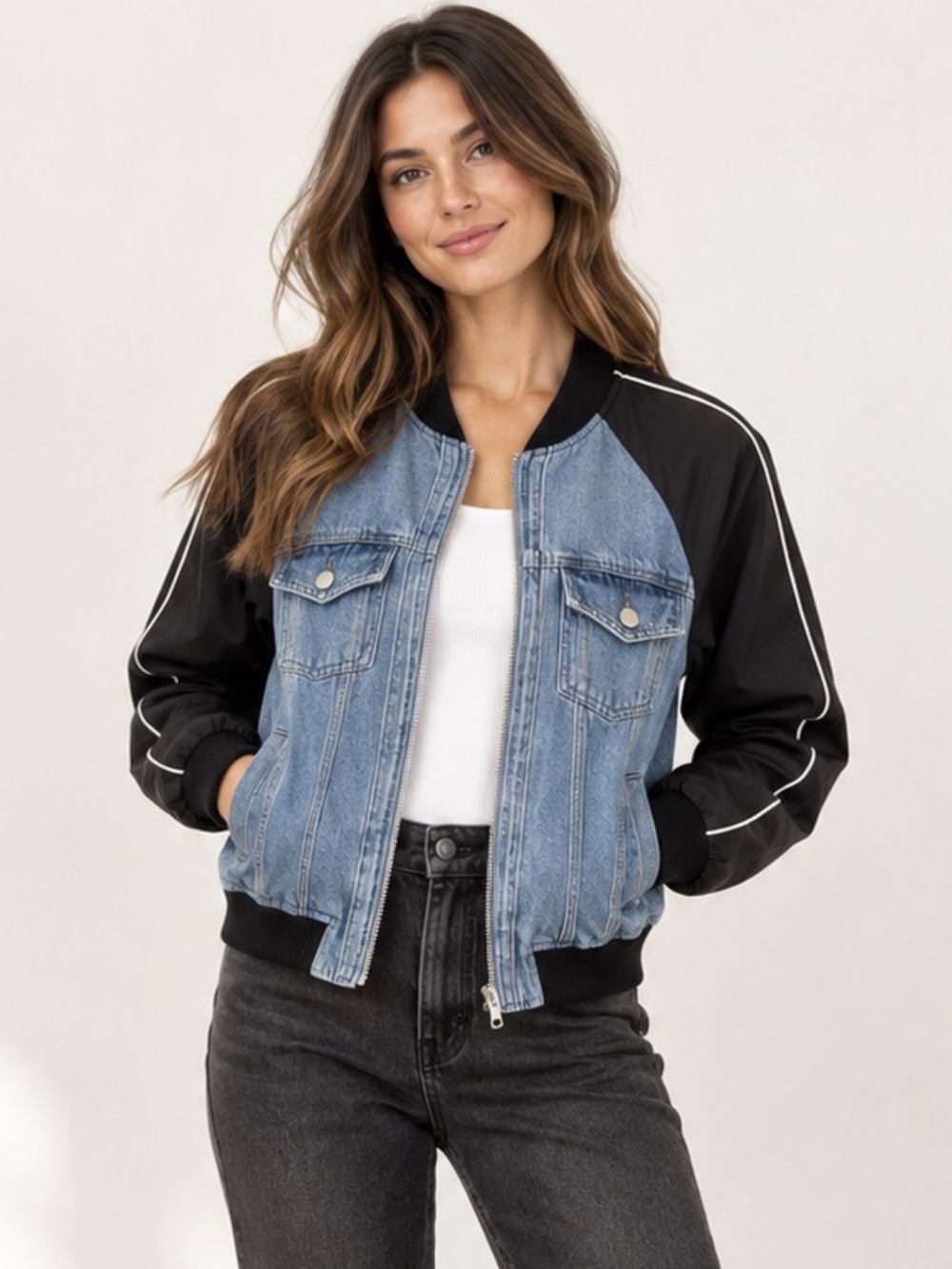 Avec Les Filles Denim Bomber Jacket Small Black Mixed Media Zip